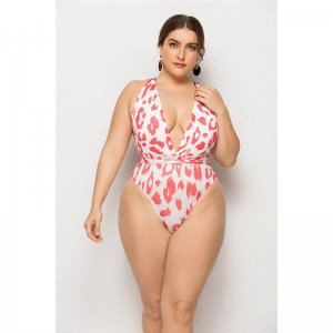Plus Plunge Neck Leopard Print One-Piece Swimsuit 88211592509# Plus Plunge Neck Leopard Print One-Piece Swimsuit 88211592509#
