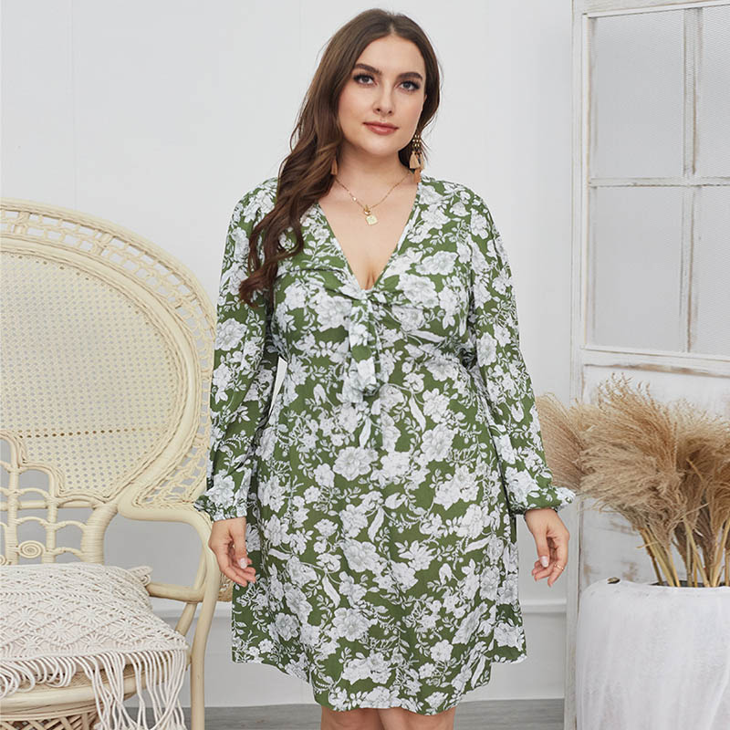 Plus Floral Print V Neck A-Line Dress in Green 88211592119# Plus Floral Print V Neck A-Line Dress in Green 88211592119#