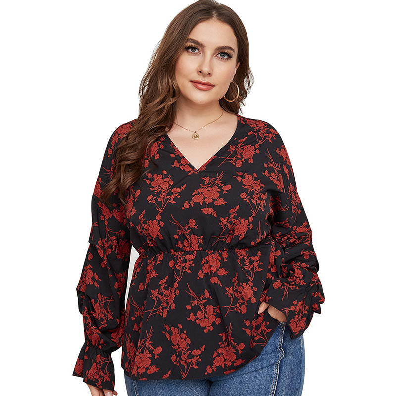 Plus Floral Print V Neck Blouse 88211592120# Plus Floral Print V Neck Blouse 88211592120#