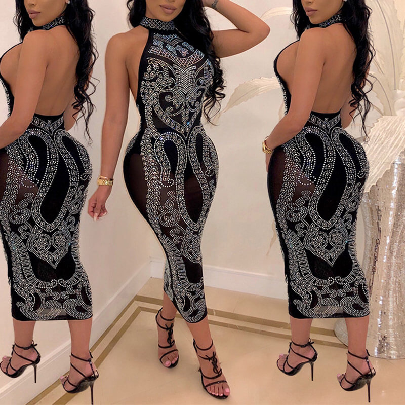Sparkling Black Midi Bodycon Backless Dress 88211592325# Sparkling Black Midi Bodycon Backless Dress 88211592325#