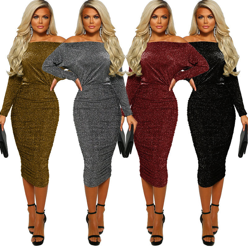 Sparkling Off Shoulder Ruched Long Sleeve Midi Dress 88211592331# Sparkling Off Shoulder Ruched Long Sleeve Midi Dress 88211592331#